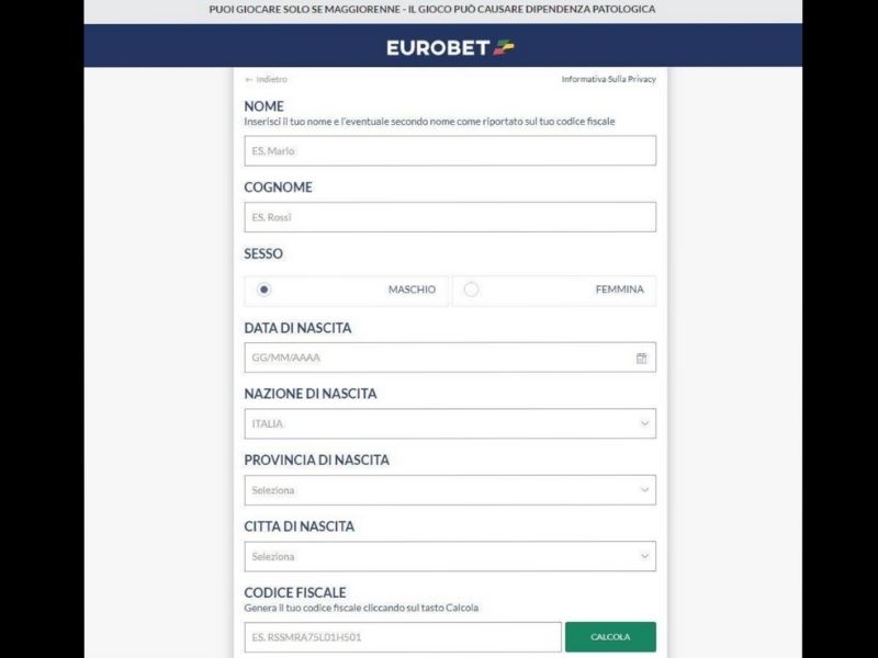 Registrazione al Eurobet casinò