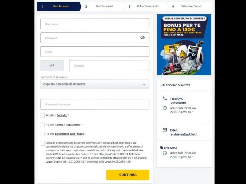 Registrazione al GoldBet casinò