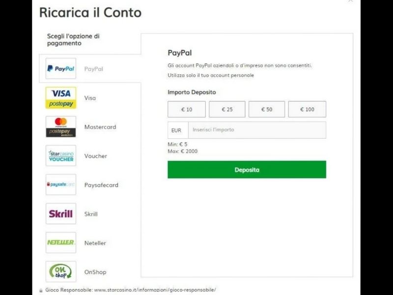 Effettuare un deposito al StarCasino casinò